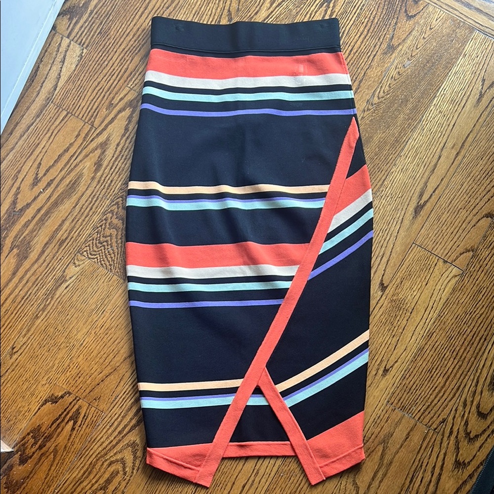 Ted Baker Blue and Pink Asymmetrical Midi Pencil Skirt, size 1